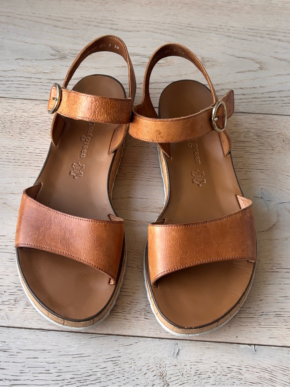Paul Green Tan Leather Cork-Platform Sandals with Gold Buckle - Picture 5 of 8